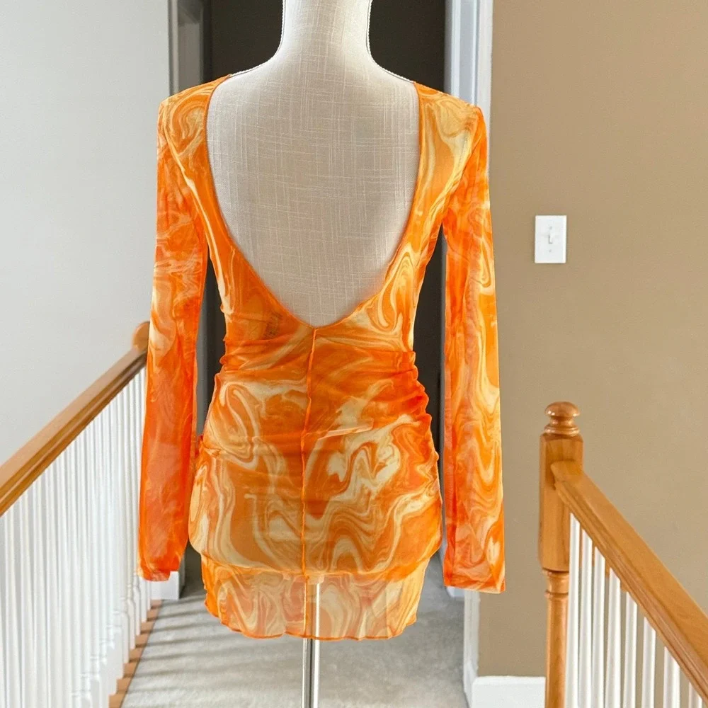 Naked Wardrobe Swim Orange Marble Mesh Long Sleeve Mini‎ Dress Cover Up XS